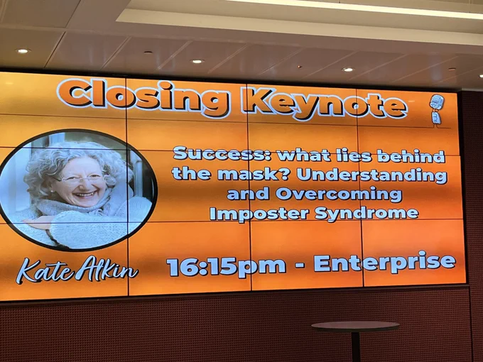 Closing keynote information on orange background ‘imposter syndrome’