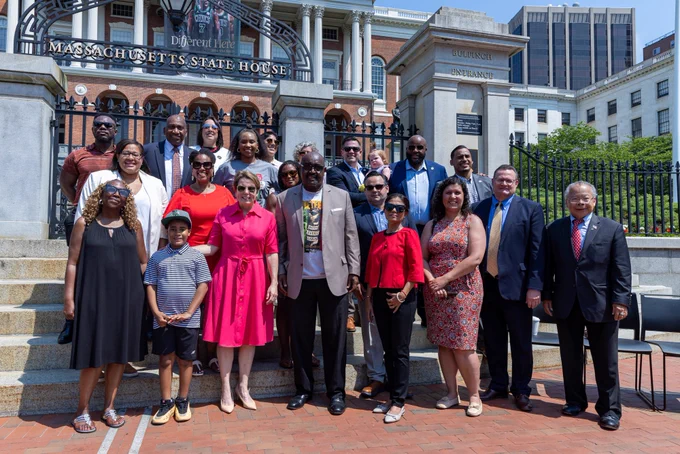 Governor Healey with MA BLLC with Juneteenth flag raising attendees.