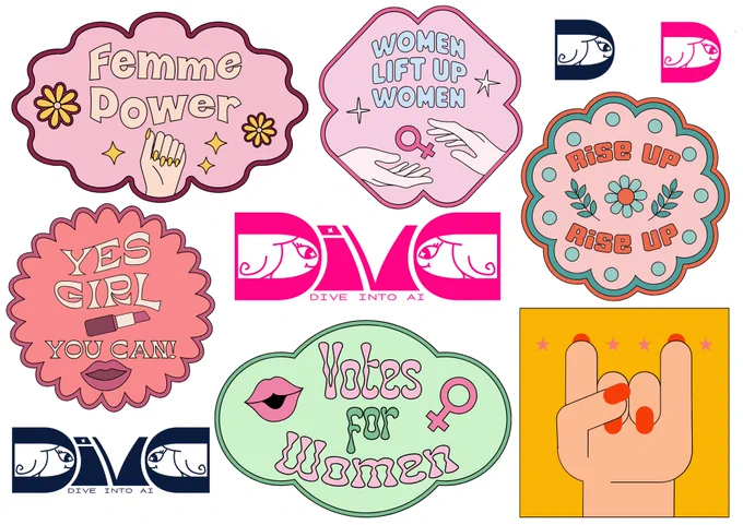 Femme power, women lift up women, yes girl you can, rise up rise up, diva, votes for women and a heavy metal signing hand with long red nails.