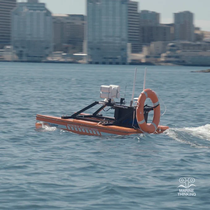 Marine Guardian uncrewed surface vessel (USV) cruising through Halifax Harbour.  