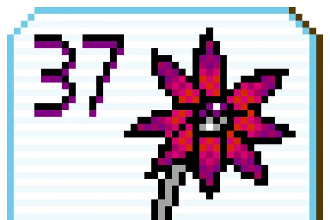 pixel art playing card has a daisy-shaped flower with purple gradient petals and the asexual flag colors in the center. the card number is 37.