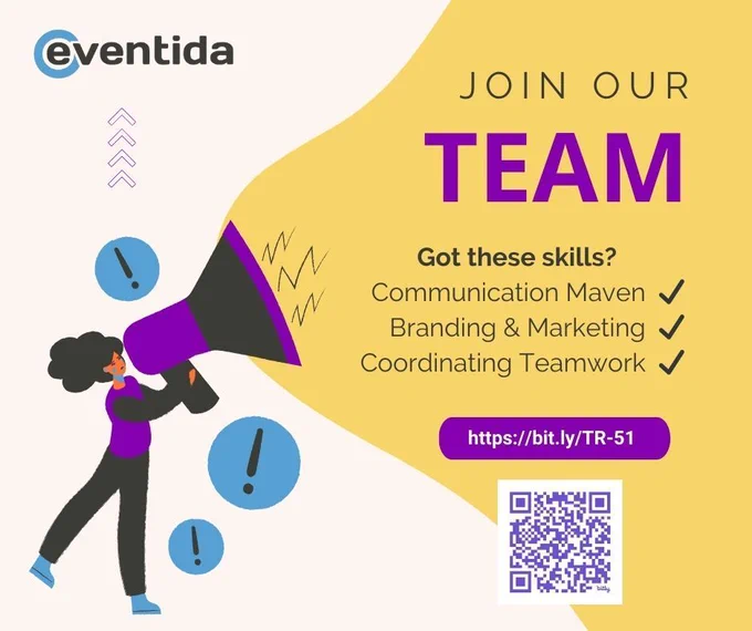 Colorful graphic advertising job opening with Eventida logo. A woman surrounded by exclamation point is holding megaphone with yellow color spilling out of the megaphone and splashing across the image. The same text in social post is displayed, with a QR code.