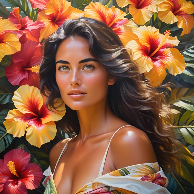 oil painting of a woman upper body portrait surrounded by hibiscus and tropical flowers, tropical scene, tropical colours, tropical flowers shining in dynamic lighting, gold leaf, oil painting