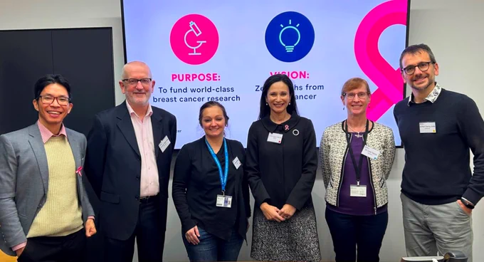 The National Breast Cancer Foundation visit to Monash BDI in June 2024. L-R: A/Prof Lan Nguyen, Prof Roger Daly, Dr Antonella Papa, A/Prof Cleola Anderiesz, Dr Lisa Ooms, Dr Thierry Jarde