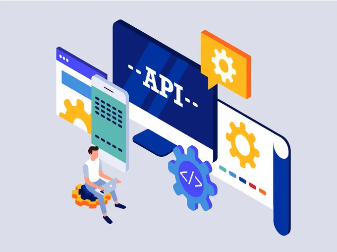  Illustration showing a person sitting with a laptop surrounded by images of screens displaying settings and API symbols. Large cogwheels are present, emphasising technology and programming concepts.