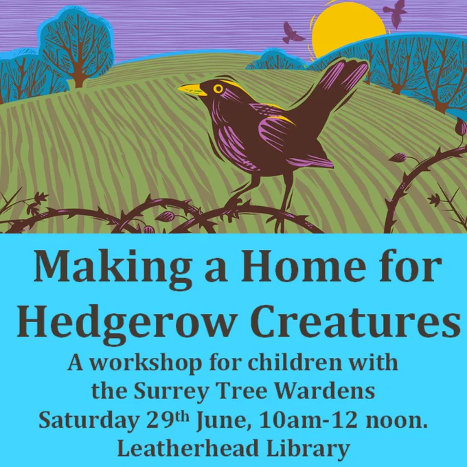 Wood cut of a blackbird in the countryside, wording says Making a Home for Hedgerow Creatures A workshop for children with the Surrey Tree Wardens, Saturday 29th June, 10am-12 noon. Leatherhead Library