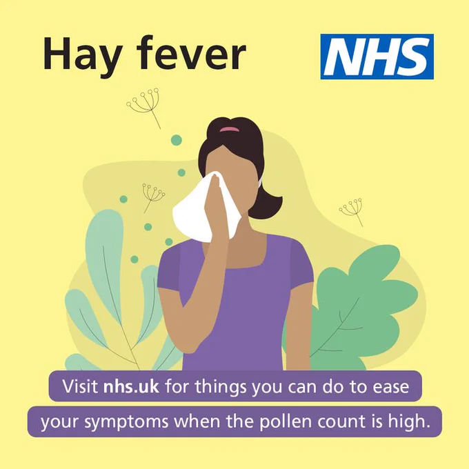 Illustration of a woman stood in a garden holding a tissue to her nose. Plants are in the background. Text in image reads: 'Hay fever. Visit nhs.uk for things you can do to ease your symptoms when the pollen count is high.'
