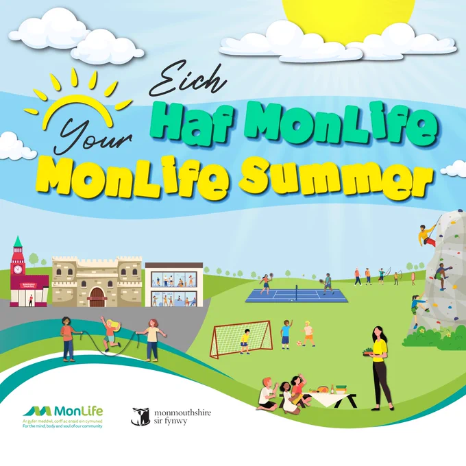 Graphic with imagery of people playing on a field, walking, rock climbing, A theatre, Gym and Castle. Text reads : Eich Haf MonLife/Your MonLife Summer