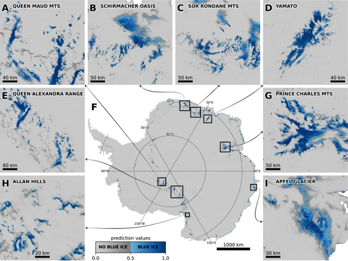 A figure with a map of Antarctica in the middle, and 8 zoomed in sections of it showing blue ice areas.