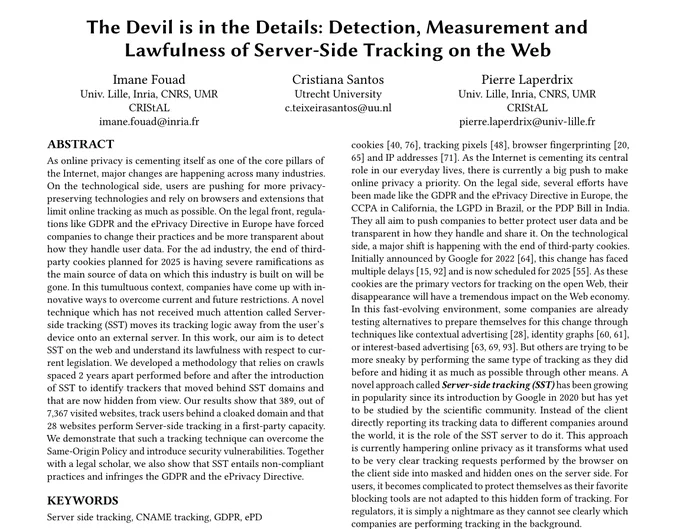 Screenshot of the first page of our paper "The Devil is in the Details: Detection, Measurement and Lawfulness of Server-Side Tracking on the Web" published at PETS'24