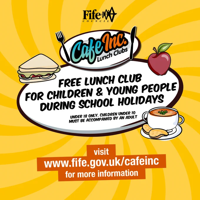 Cafe Inc to return for the summer holidays. Image of two plates with a knife and fork, sandwich, red apple and bowl of tomato soup with two pieces of bread.