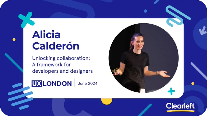 Blue patterned background with graphic shapes. Text reads:  Alicia Calderon. Unlocking a framework for developers and designers. Photo of a speaker on stage with her arms open is framed in a circle
