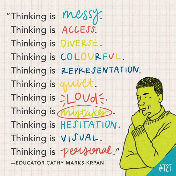 "Thinking is messy. Thinking is access. Thinking is diverse. Thinking is colourful. Thinking is representation. Thinking is quiet. Thinking is loud. Thinking is mistakes. Thinking is hesitation. Thinking is visual. Thinking is personal." —Educator Cathy Marks Krpan