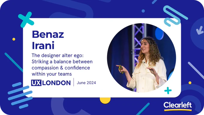 Blue patterned background with graphic shapes. Text reads: Benaz Irani. The designer alter ego: Striking a balance between compassion & confidence within your teams. Photo of a speaker on stage smiling is framed in a circle
