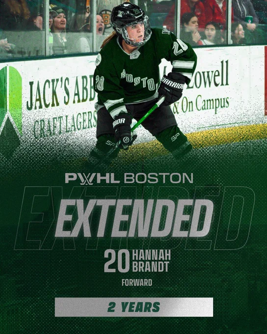 Graphic announcing a player extension:
 
Image cutout of Hannah Brandt in her green home uniform.
 
Text reads #20 Hannah Brandt, Forward - 2 years