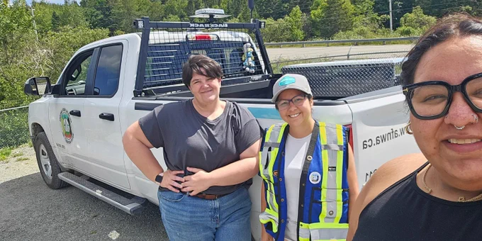 Water treatment plant operator Samantha Johnson photographed with Dr. Megan Fuller and Tiannie Paul from Dalhousie University.