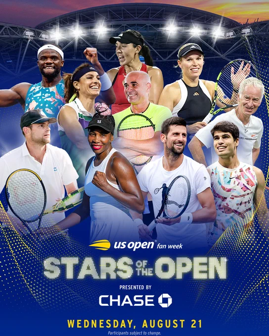 Graphic promoting Stars of the Open presented by Chase involves Tiafoe, Pegula, Wozniacki, Sabatini, Agassi, McEnroe, Roddick, Venus Williams, Djokovic and Alcaraz. 