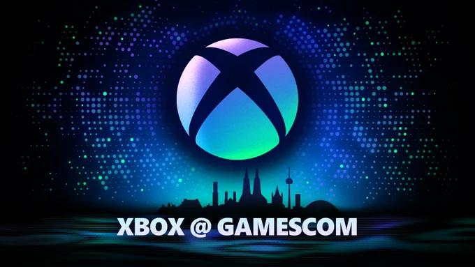 Graphic featuring the Xbox Nexus glowing with an opaque purple and green hue, set above a silhouette of a city skyline. The text at the bottom reads "Xbox @ gamescom."