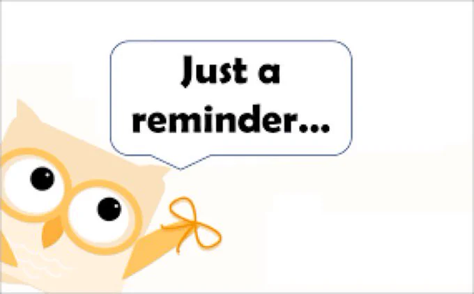 Graphic with a cartoon owl with a string tied around it's wing with the text Just a reminder...