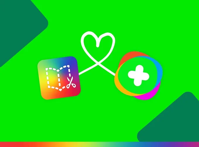 Bright green background with two app icons connected by a heart. The left icon shows a book outline with scissors (Book Creator), and the right icon has a plus sign inside a colorful circle (Flipgrid)