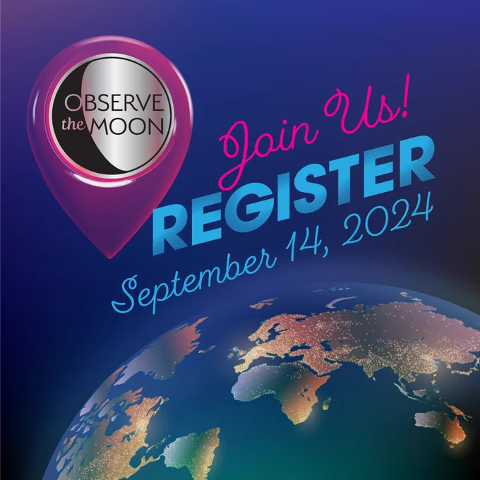 A stylized graphic of a portion of Earth is shown with major land masses appearing gold-brown and blue-green. The text "Join Us! Register September 14, 2024" appears at center-right. The Observe the Moon logo is shown inside a location pin icon at upper left.