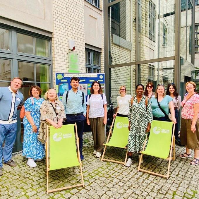 A group of decision makers in education from the UK on a visit to Berlin, in front of the Goethe-Institut in Berlin. 
