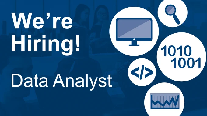 Text reads We're Hiring! Data Analyst. Icons to the right include a monitor, a magnifying glass, a sample of binary code and a graph.