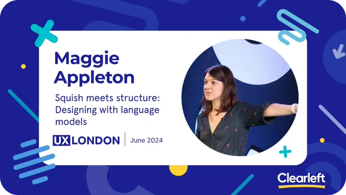 Blue patterned background with graphic shapes. Text reads: Maggie Appleton. Squish meets structure: Designing with language models. Photo of a speaker on stage pointing to her left is framed in a circle
