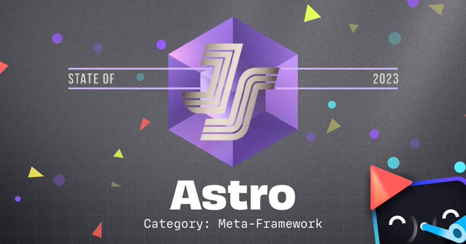 Astro (Category: Meta-Framework) over the "State of JS 2023" logo with a little houston avatar with a party hat and blowing a party blower 