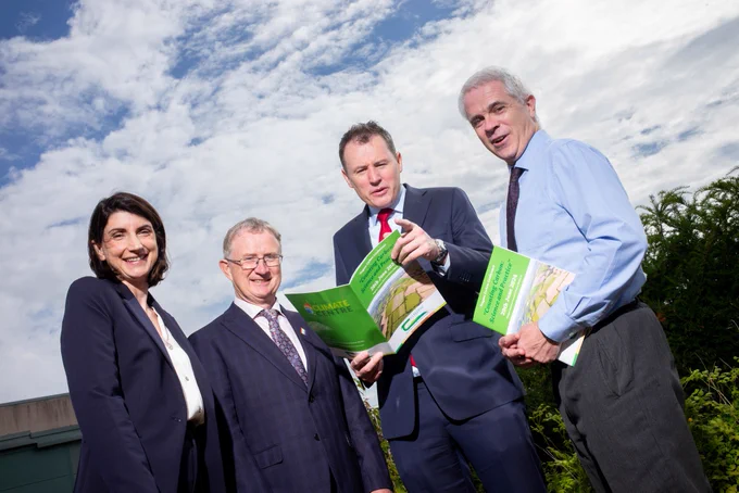 Pictured at the Conference (L to R): Speakers; Dr Giulia Bondi, Researcher, Teagasc Climate Research Centre; Professor Frank O Mara, Director of Teagasc; Minister for Agriculture, Food and the Marine, Charlie McConalogue TD., and Dr Karl Richards, Head of the Teagasc Climate Research Centre.
