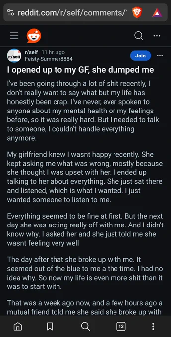 Reddit screenshot - I opened up to my GF, she dumped me