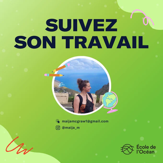 Maija se tient devant un plan d'eau. Le texte se lit comme suit : "Suivez son travail. Courriel : maijamcgraw1@gmail.com. Instagram : @maija_m"
