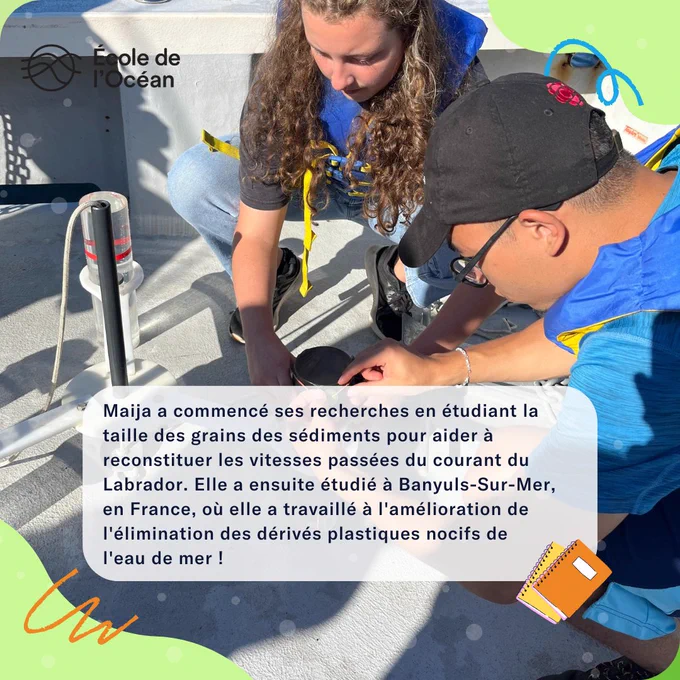 "Maija se penche sur un appareil scientifique avec d'autres chercheurs. Le texte se lit comme suit : "Maija a commencé ses recherches en étudiant la taille des grains des sédiments pour aider à reconstituer les vitesses passées du courant du Labrador. Elle a ensuite étudié à Banyuls-Sur-Mer, en France, où elle a travaillé à l'amélioration de l'élimination des dérivés plastiques nocifs de 
l'eau de mer !"