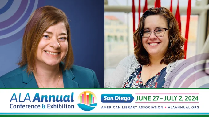 ID: Headshot images of Lauren Boeke and Anastasia Diamond-Ortiz.
ALA Annual Conference & Exhibition
San Diego - Illustration of buildings and waves. June 27-July 2, 2024 - American Library Association - ALAAnnual.org