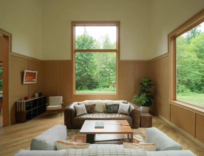 A minimalist living room featuring a plush couch with patterned cushions, a wooden coffee table, and large windows offering a view of a lush, green landscape, creating a serene and tranquil indoor environment.