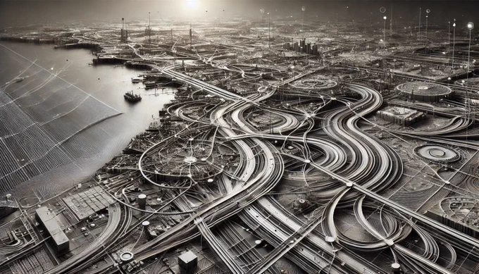 An image representing a cartography of ideas, inspired by a reference picture. The scene features an intricate, detailed map-like design, with interconnected pathways and nodes symbolizing the flow and connection of ideas. The map includes various elements such as roads, intersections, and landmarks, depicted in a monochromatic color scheme with high contrast. The overall composition is artistic and thought-provoking, blending the concept of cartography with the abstract representation of ideas and knowledge.