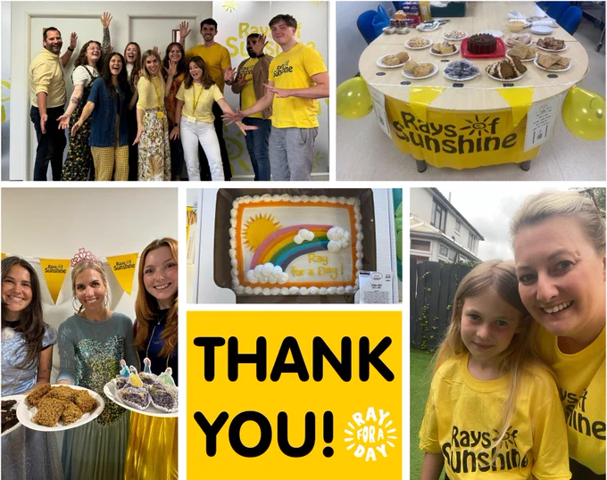 A collage of five pictures featuring people and their fundraising - including several with bake sales. The message on the picture reads THANK YOU Ray for a Day