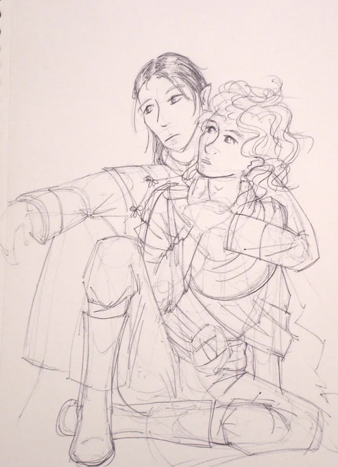Proto-cover of ITN - a pencil sketch showing Sareb and Kuya, sitting, Kuya holding Sareb, but Kuya is looking desolately off to the side, and Sareb is looking at his face questioningly