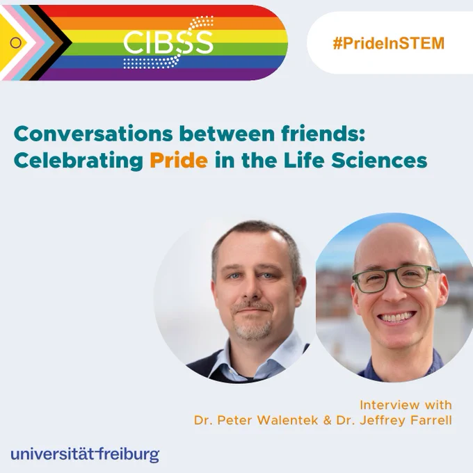 A Sharepic showing Headshots of Dr. Peter Walentek and Dr. Jeffrey Farrell as well as den CIBSS Logo in Pride colours under the Headline of the linked interview that is "Conversations between friends: Celebrating Pride in the Life Sciences"