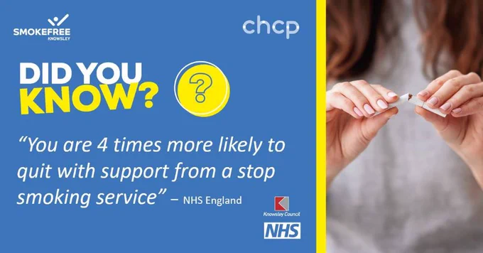 Smokefree Knowsley graphic with the words 'you're 4 times more likely to quit with support from a stop smoking service'