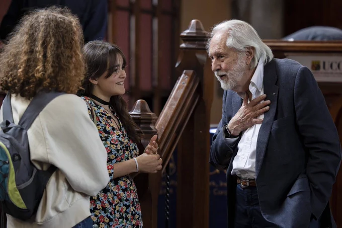 Lord David Puttnam with students at UCC. 