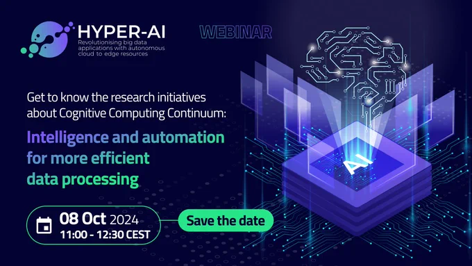 Save the date graphic for the joint webinar on the Cognitive Computing Continuum, focussing on intelligence and automation for more efficient data processing. The webinar is scheduled for 11:00-12:30 CEST on 08 October 2024.