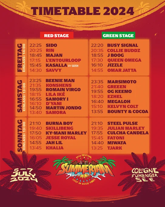 Der Timetable für das Summerjam Festival 2024 am Fühlinger See in Köln vom 5.-7. Juli.