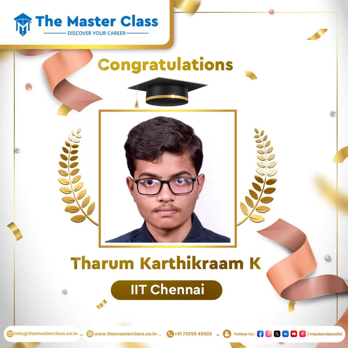 🎉 Congratulations to Tharum Karthikraam K! 🎉

🌟 We are thrilled to announce that Tharum Karthikraam K has secured a seat at the prestigious IIT Chennai! 🌟

Join us in celebrating this remarkable achievement and wishing Tharum Karthikraam all the best in his future endeavors at IIT Chennai! 🎓🎉

#TheMasterClass #CongratulationsTharum #IITChennai #FutureEngineer #SuccessJourney #ProudMoment #MasterClass #AchievementUnlocked