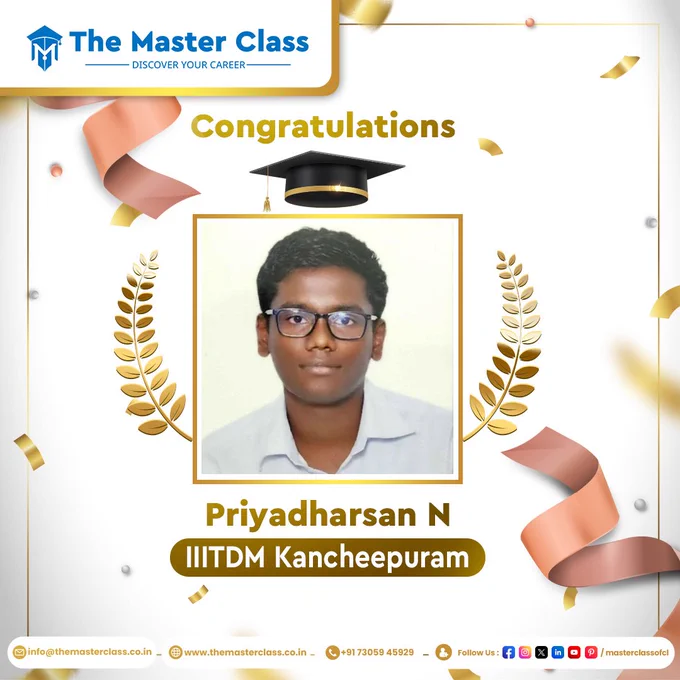 🎉 Congratulations Priyadharsan N! 🎉

We are thrilled to announce that Priyadharsan N has secured a seat at the prestigious IIITDM Kancheepuram! 🌟 Your hard work and dedication have truly paid off, and this is just the beginning of an incredible journey ahead.

#TheMasterClass #IIITDMKancheepuram #Congratulations #ProudMoment #AchievementUnlocked #Inspiration