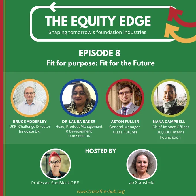 A graphic with green background and title The Equity Edge, Shaping tomorrow's foundation industries.  Episode 8. Fit for purpose: Fit for the future.  Beneath are photos of guests Bruce Adderley, Dr Laura Baker, Aston Fuller, and Nana Campbell, and hosts Sue Black and Jo Stansfield.