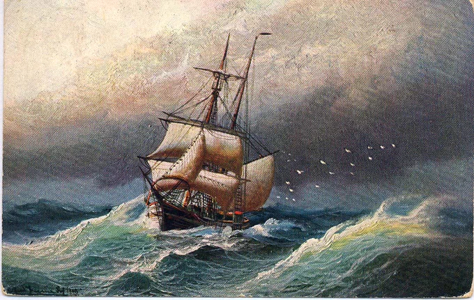 Print of sailing ship on choppy seas