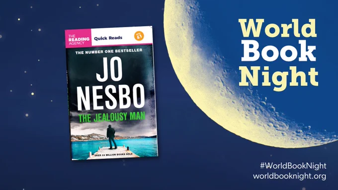 Image with a night sky background showing the Moon with the text 'World Book Night' and the book 'The Jealousy Man' by Jo Nesbo.