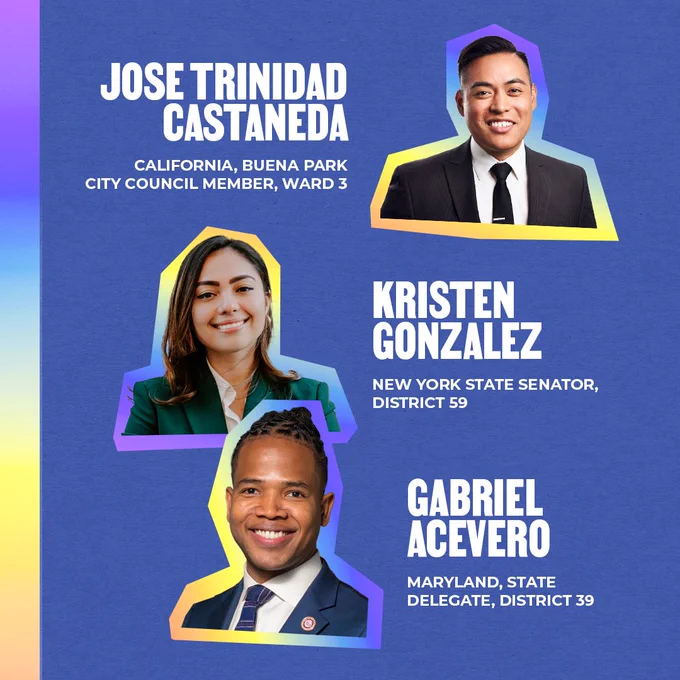 Portraits of Jose Trinidad Castaneda (California, Buena Park City Council Member, Ward 3), Kristen Gonzalez (Maryland, State Delegate, District 39), and Gabriel Acevero (New York State Senator, District 59)