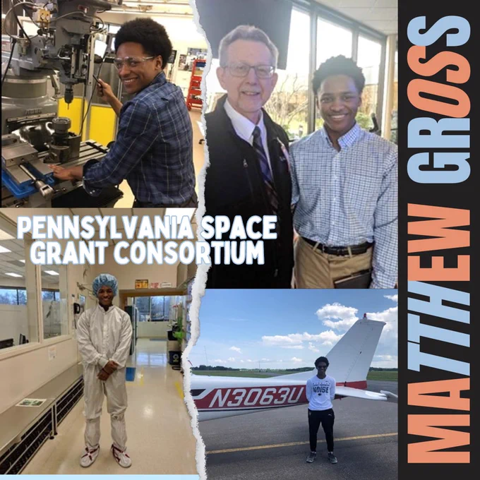 Image Description, Clockwise from top left: 1) Matthew Gross obtaining machining experience on the shop floor at Moog. 2) NASA’s Chief Scientist, James L. Green, came to Moog Space and Defense to give a presentation on the future of space exploration. I was fortunate enough to meet him and have a brief, informative conversation following his presentation. 3) Matthew standing outside with airplane behind him. 4) Matthew Gross dressed out in the “bunny suit” to work on space hardware that requires a sterile environment in the clean room.